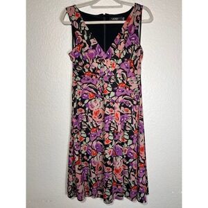 Lauren Ralph Lauren Black Label‎ Floral Print Sleeveless Dress Purple Pink Black